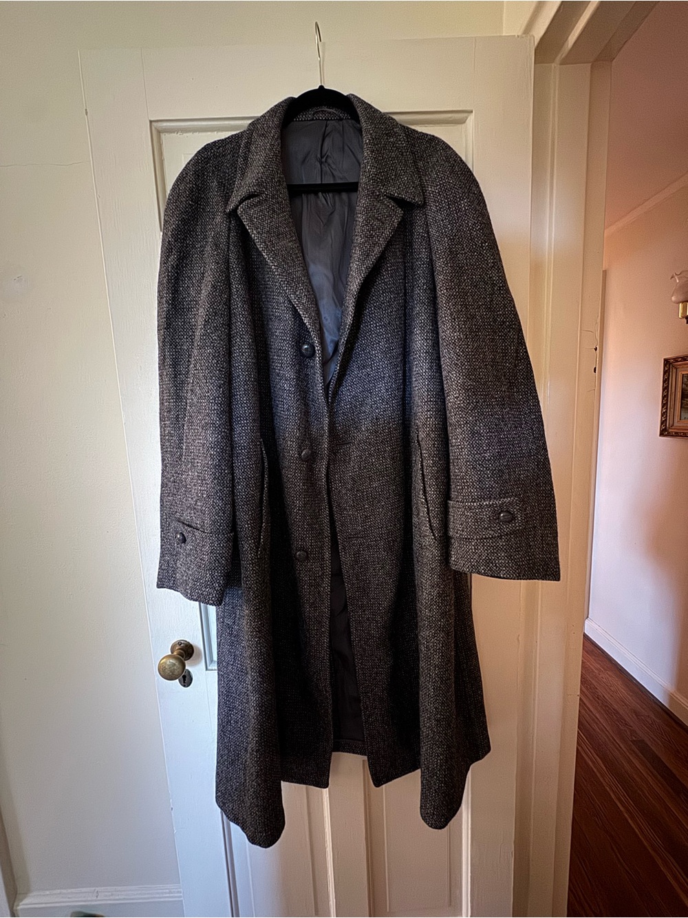 Vintage Harris tweed balmacaan raglan overcoat made in USA - size 48